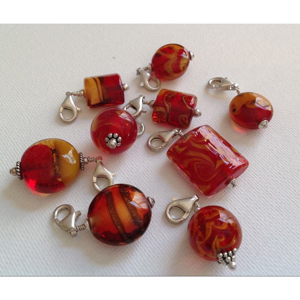Red and Amber Murano Glass Charm Set with Sterling Accents